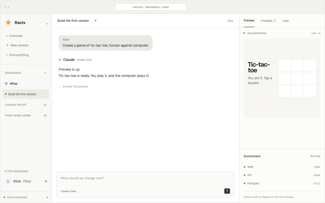 Ravix workspace with an agent conversation, running app preview, and cloud services